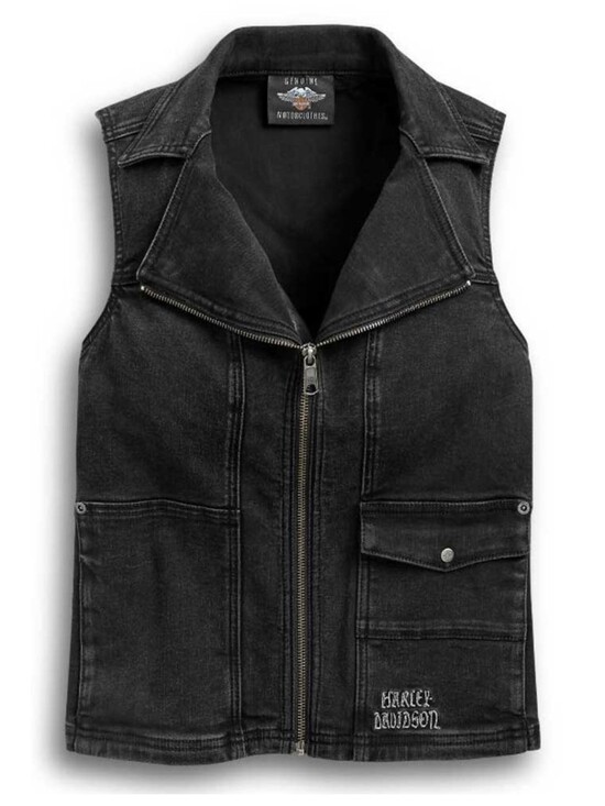 Harley-Davidson Jackets & Blazers - Harley Davidson Womens Winged Bling Logo Black Denim Vest Size Medium